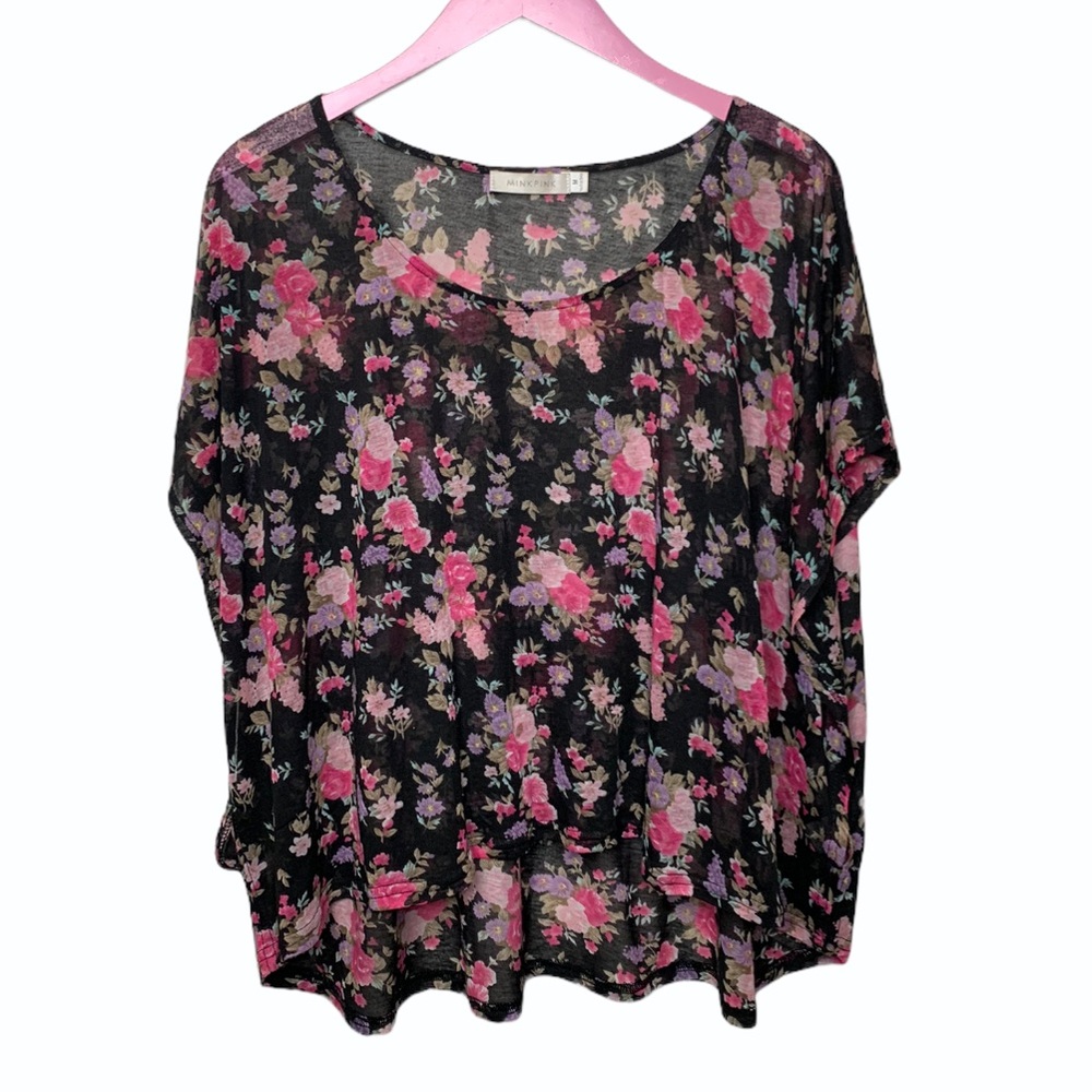 MINKPINK Floral Sheer Drop Armhole Top Black Pink